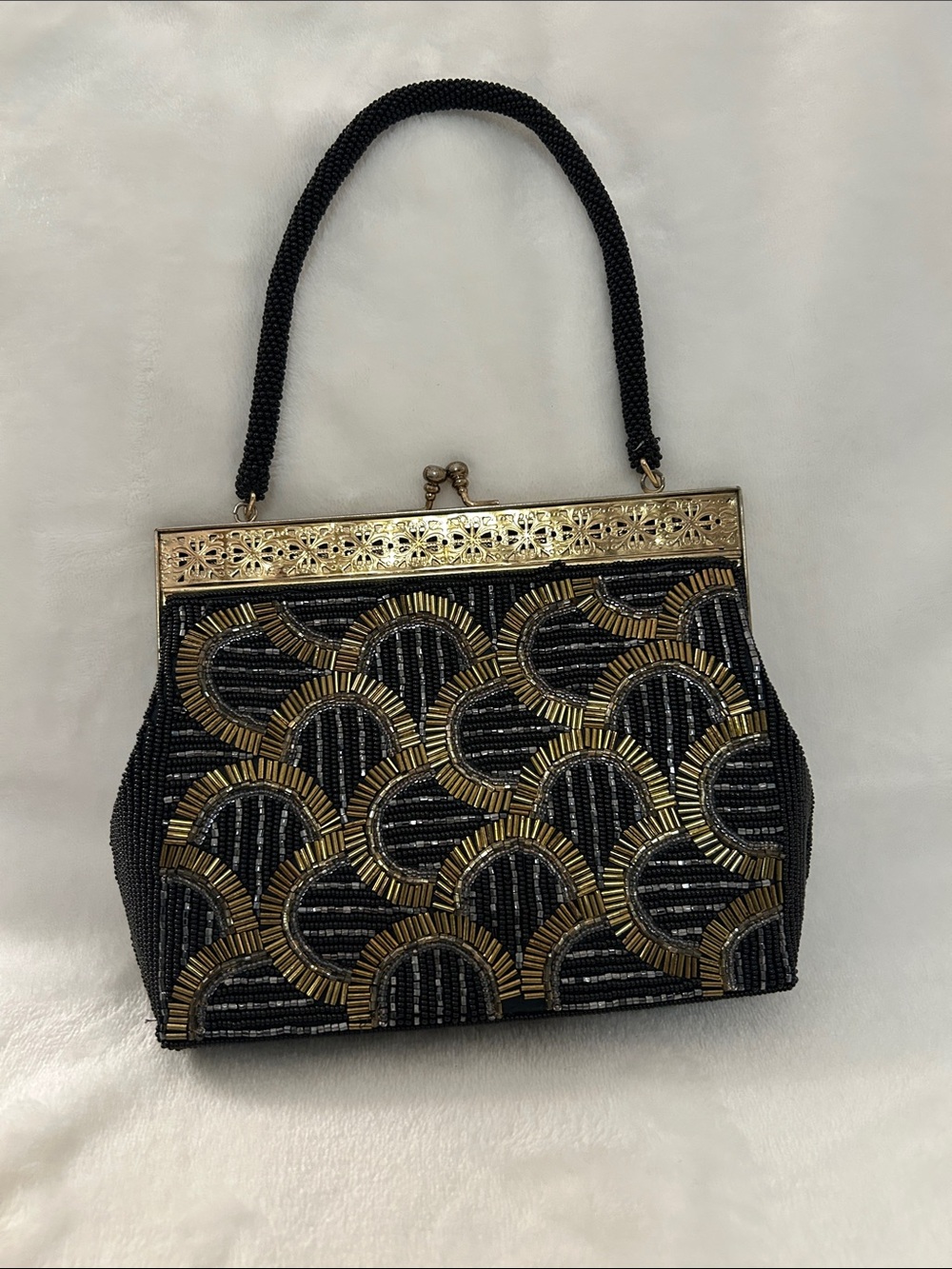 Black & Gold Beaded Evening Clutch Handbag
